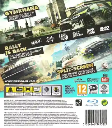 DiRT 3 (USA) (v1.01) (Disc) (Update) box cover back